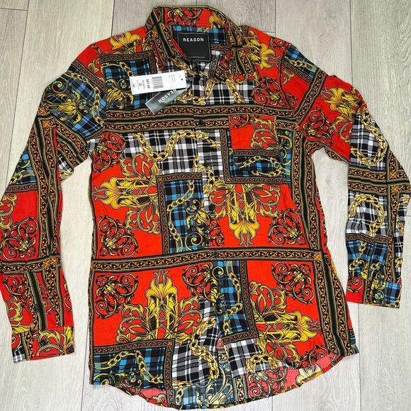 NWT REASON Luxury Print Button-Down Shirt Plaid Chain Pattern Multi-Color Size L - Picture 1 of 9